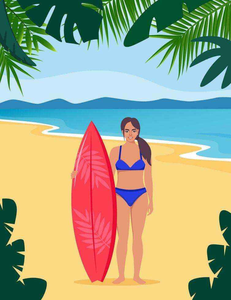 Young woman surfer with surfboard standing on the beach. Smiling surfer girl. Vector illustration.