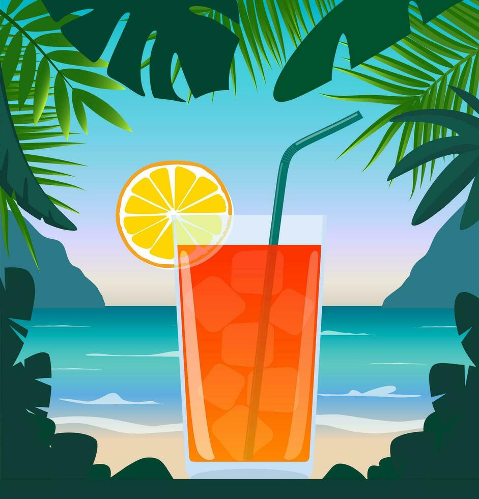 Exotic cocktail in beach bar on seashore. Cocktail with straw, lemon wedge and umbrella, surrounded by tropical leaves. Summer vacation concept. Beach bar poster. Summer party. Vector illustration.