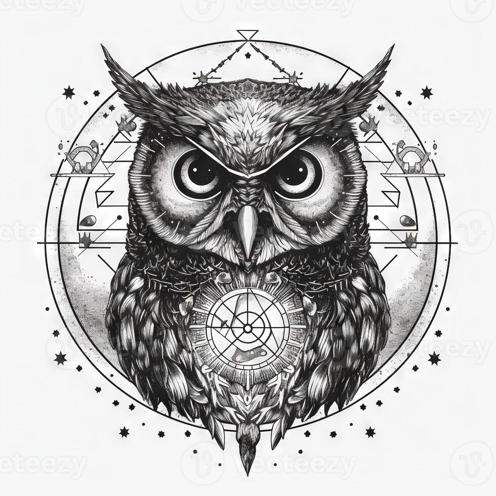 Wild owl with mystic design elements. Occult wise bird black and white symbol in vintage style. Generated AI. photo