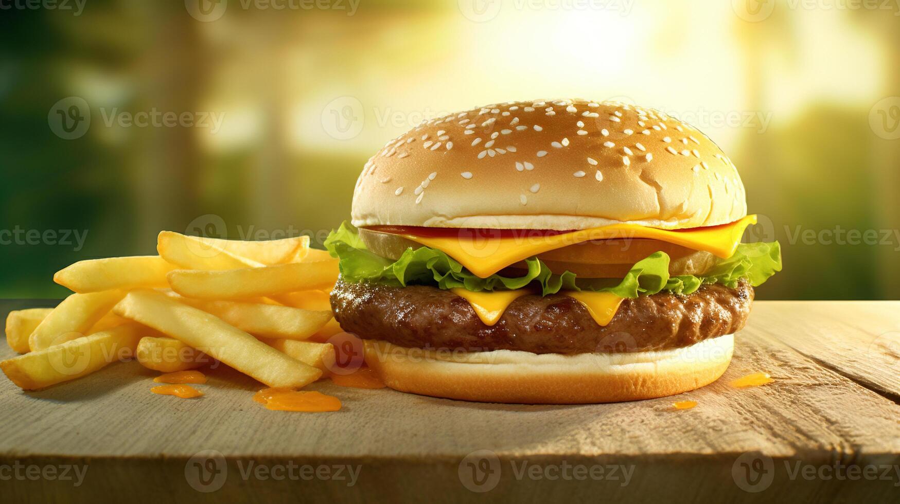 Juicy tasty hamburger on the table. Fast food image of a burger with grilled meat. . photo