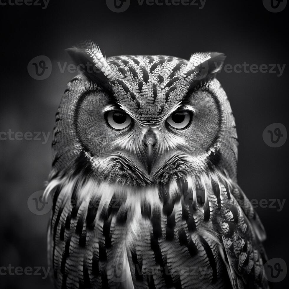 Wild owl in the forest. Black and white style, wildlife element. . photo