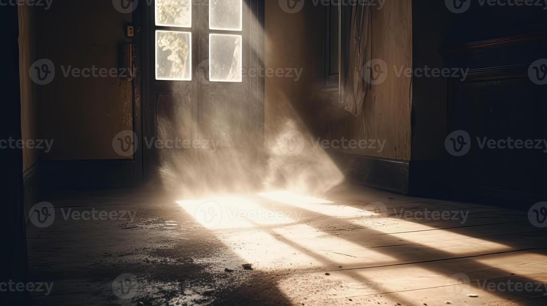 Dusty room with old distressed windows and sun rays. Abandoned grungy interior with lights in the dust. . photo