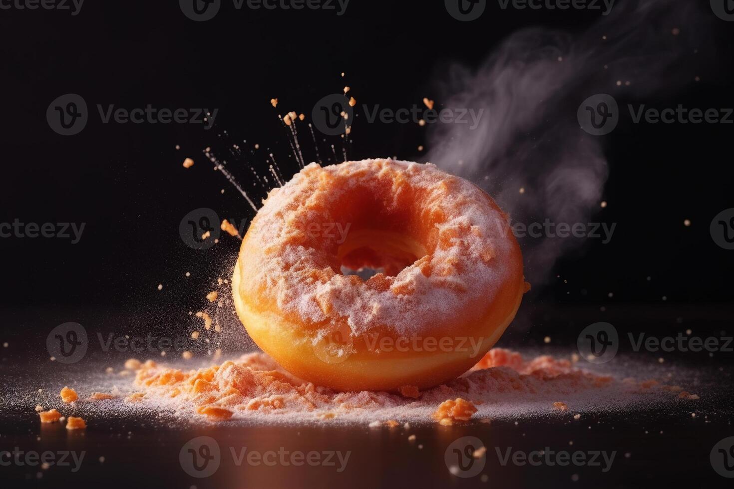 Donut expressive shot with topping and sugar powder splash. Tasty donut food styling image. . photo