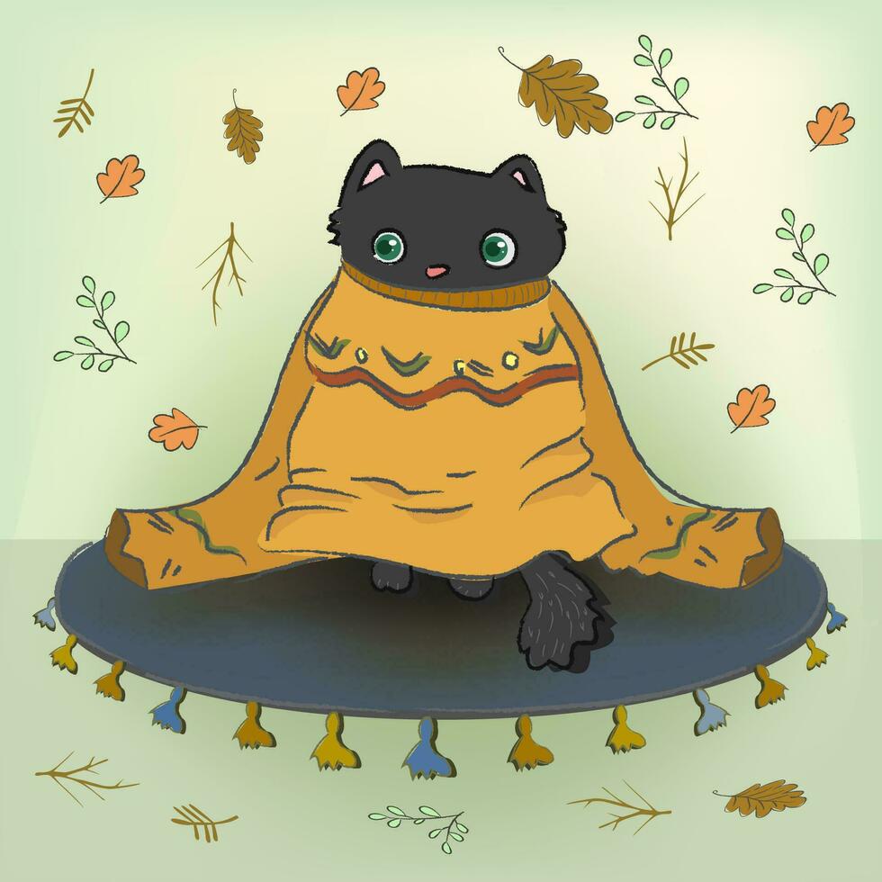 A Cat in a big sweater, Cute eyes with a surprised expression, Autumn Cozy, falling leaves, a cat sitting on a rug vector