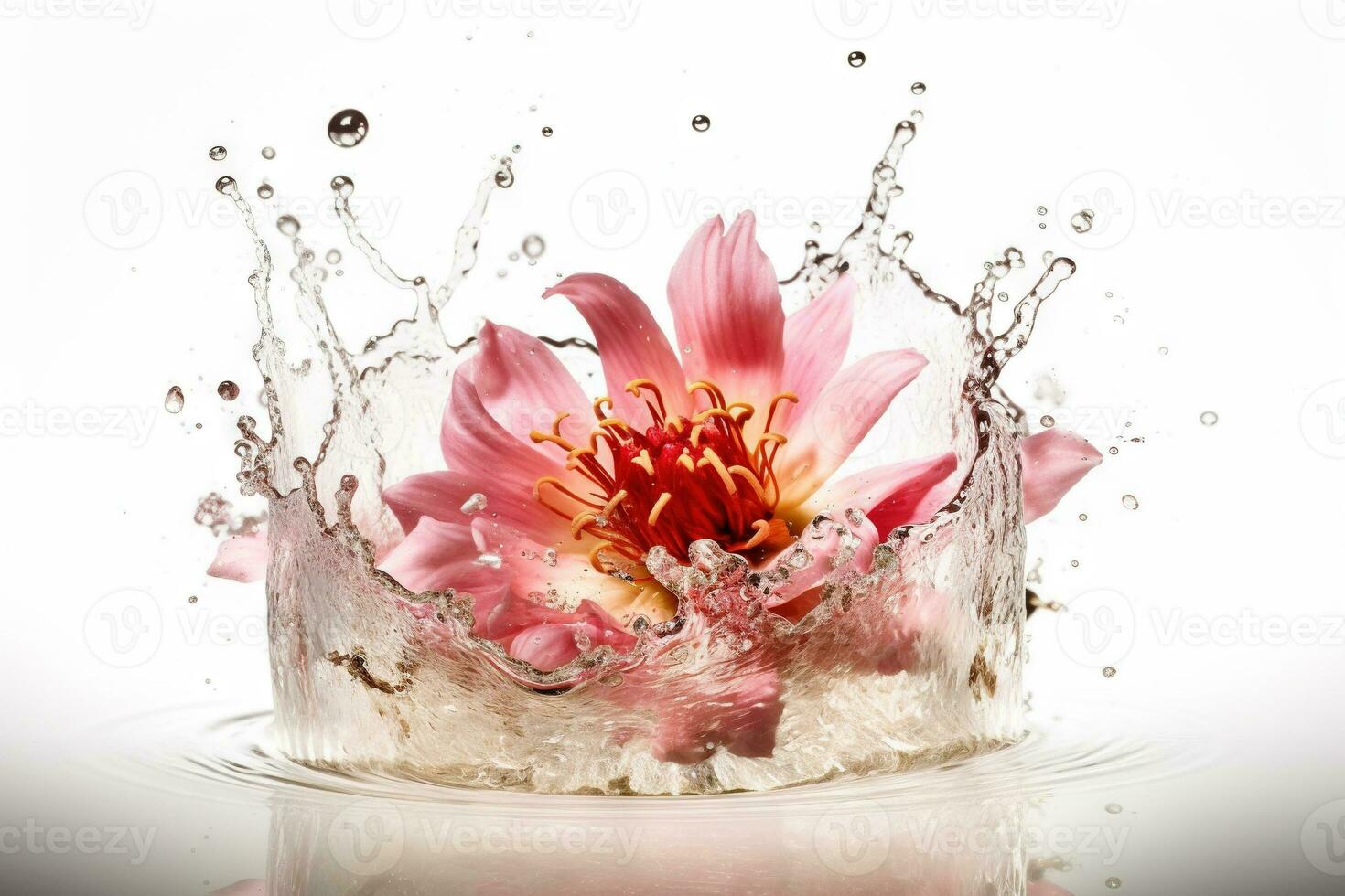 Flower in splashing water. Floral freshness concept with water drops for cosmetic, moisture and self-care packaging. Generated AI. photo