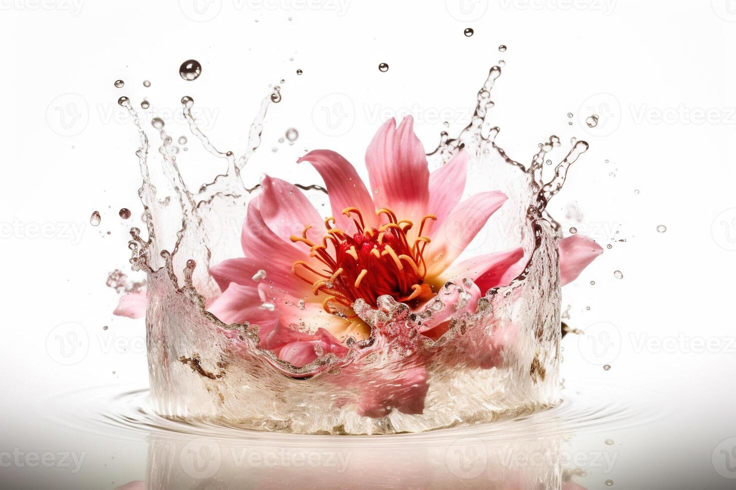 Flower in splashing water. Floral freshness concept with water drops for cosmetic, moisture and self-care packaging. . photo