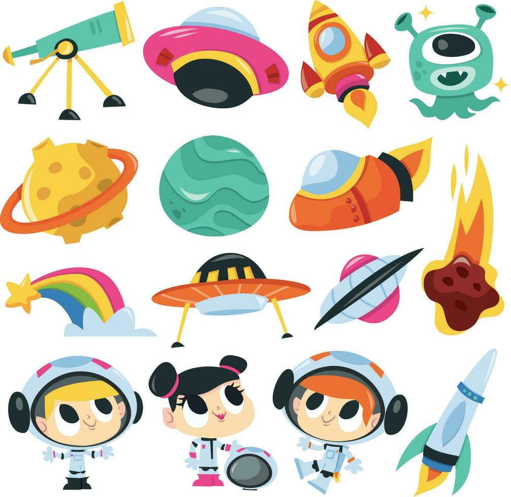 Super Cute Cartoon Space Adventure Set vector