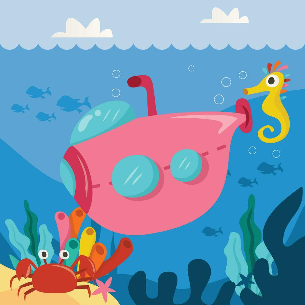 Cartoon Pink Submarine Underwater vector