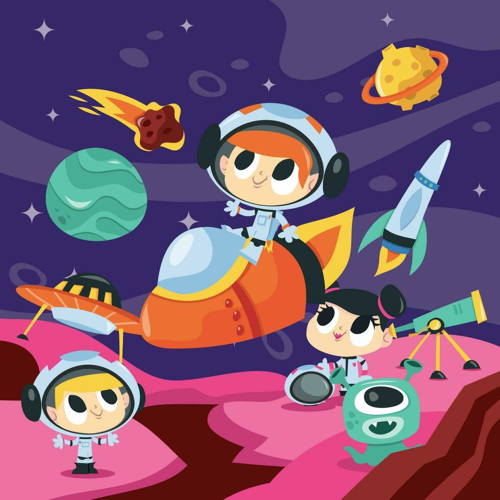 Super Cute Cartoon Space Adventure Astronauts vector