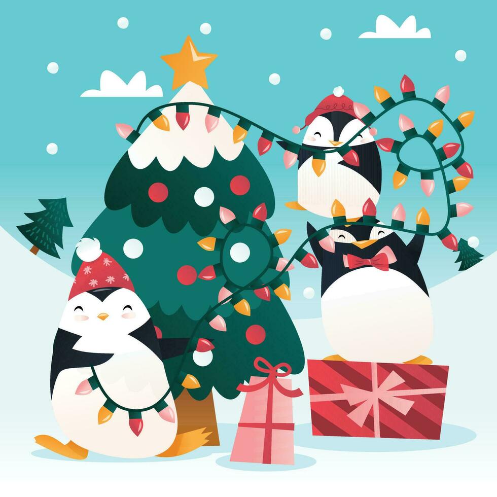 dibujos animados linda pingüinos decorando Navidad árbol vector