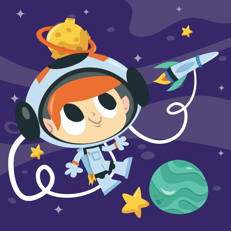 súper linda dibujos animados astronauta chico flotante en espacio vector