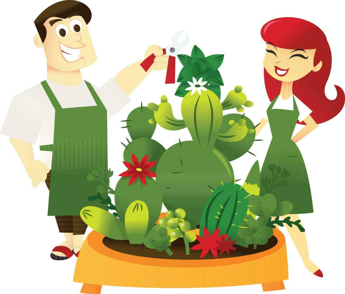 Cartoon Giant Cactus Pot Gardening vector