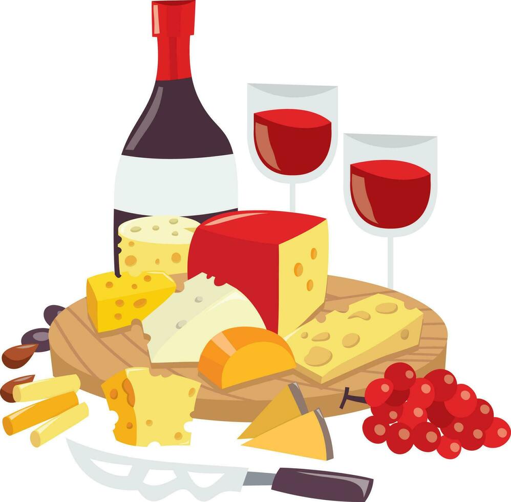 Cartoon Round Cheese Board Wine Bottle Glasses vector