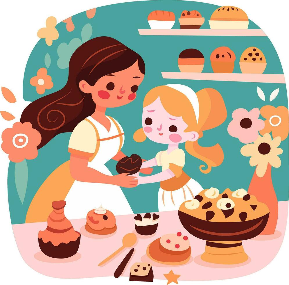 Mother Daugther Baking In Kitchen vector