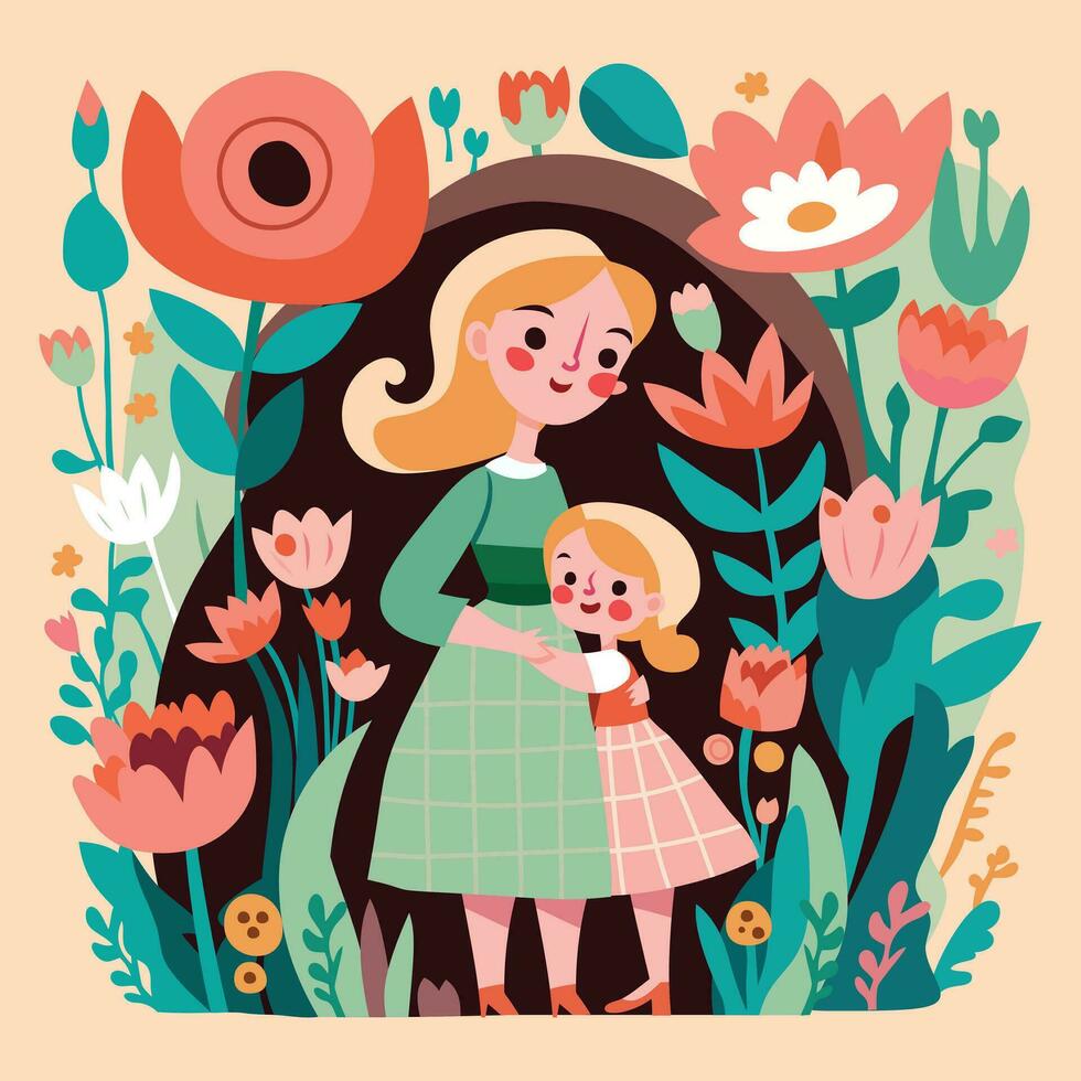 linda madre hija abrazo flores vector