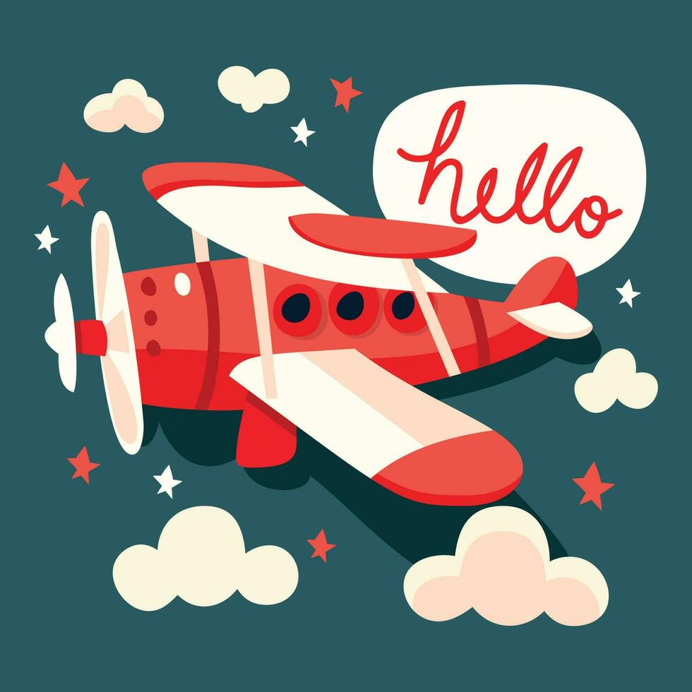 dibujos animados retro avión Hola saludo vector