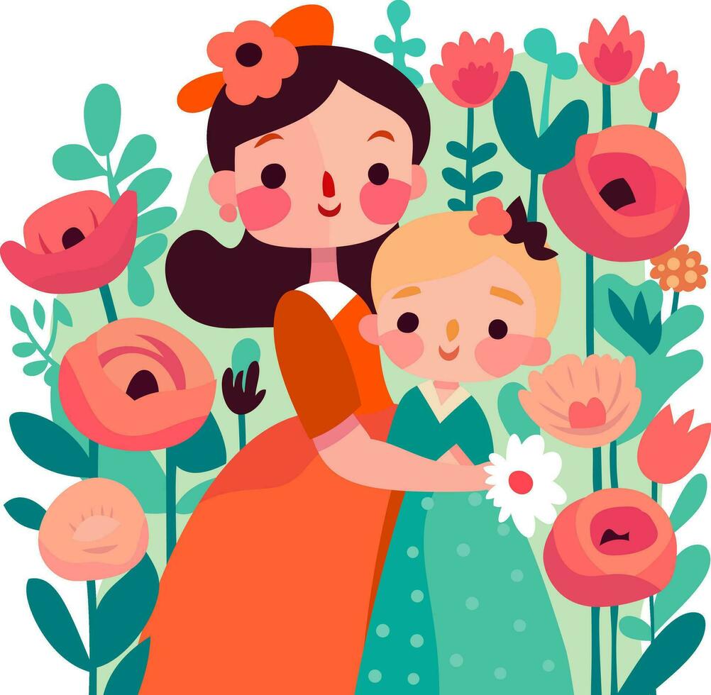 Cute Mother Daughter Hug Flowers vector