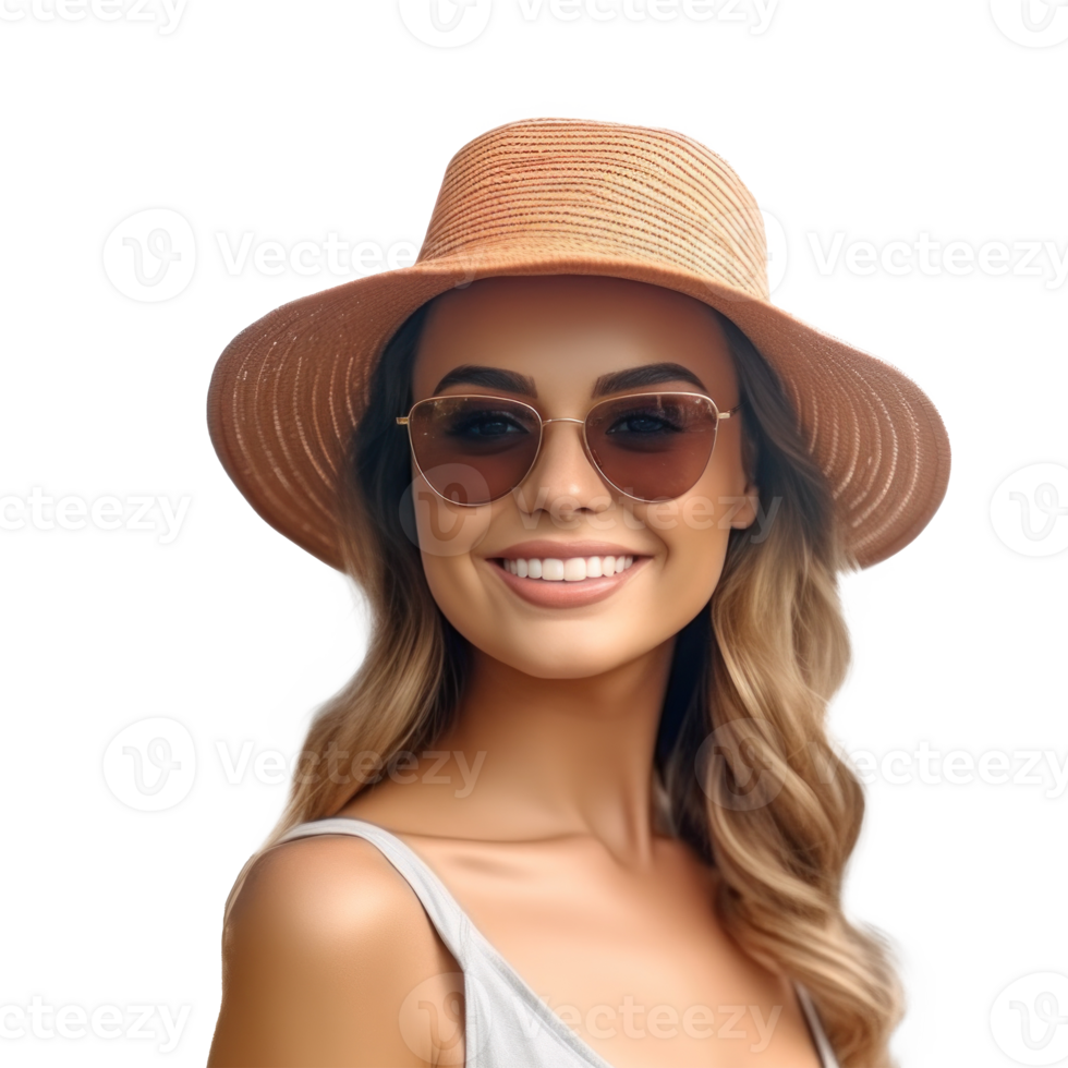 Beautiful girl with sunglasses and summer hat smiling isolated. Illustration png