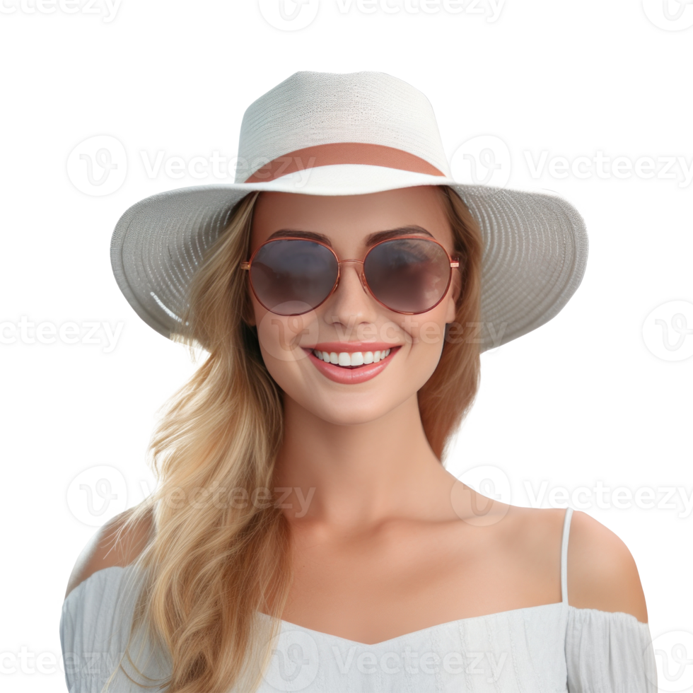 lindo menina com oculos de sol e verão chapéu sorridente isolado. ilustração ai generativo png