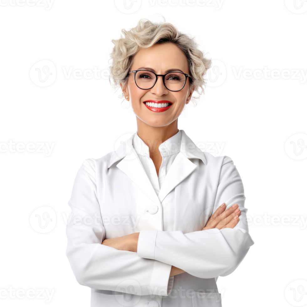 Photo of attractive doctor lady friendly smiling arms crossed. Illustration png
