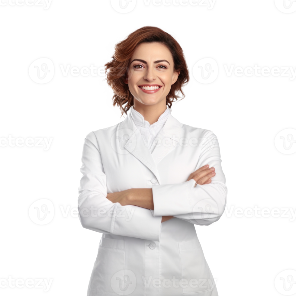 foto di attraente medico signora amichevole sorridente braccia incrociato. illustrazione ai generativo png