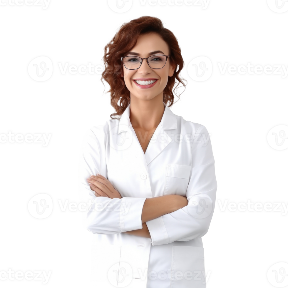 foto di attraente medico signora amichevole sorridente braccia incrociato. illustrazione ai generativo png