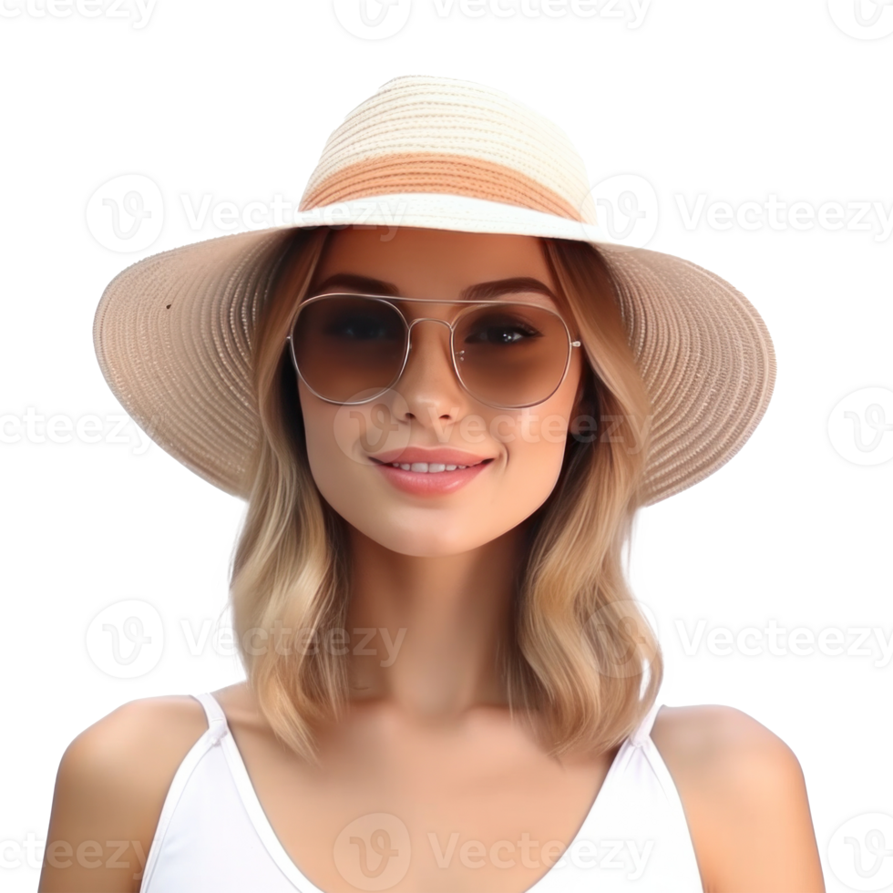 Beautiful girl with sunglasses and summer hat smiling isolated. Illustration png