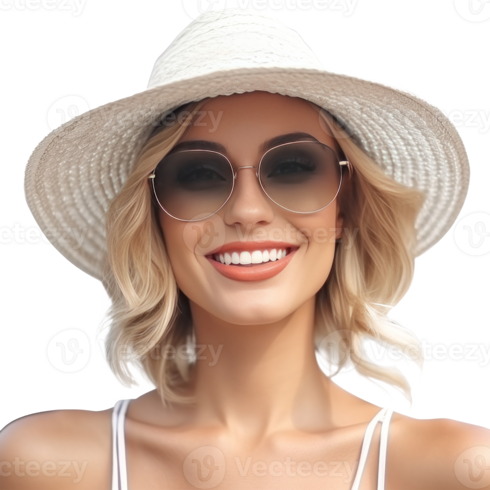 Beautiful girl with sunglasses and summer hat smiling isolated. Illustration png