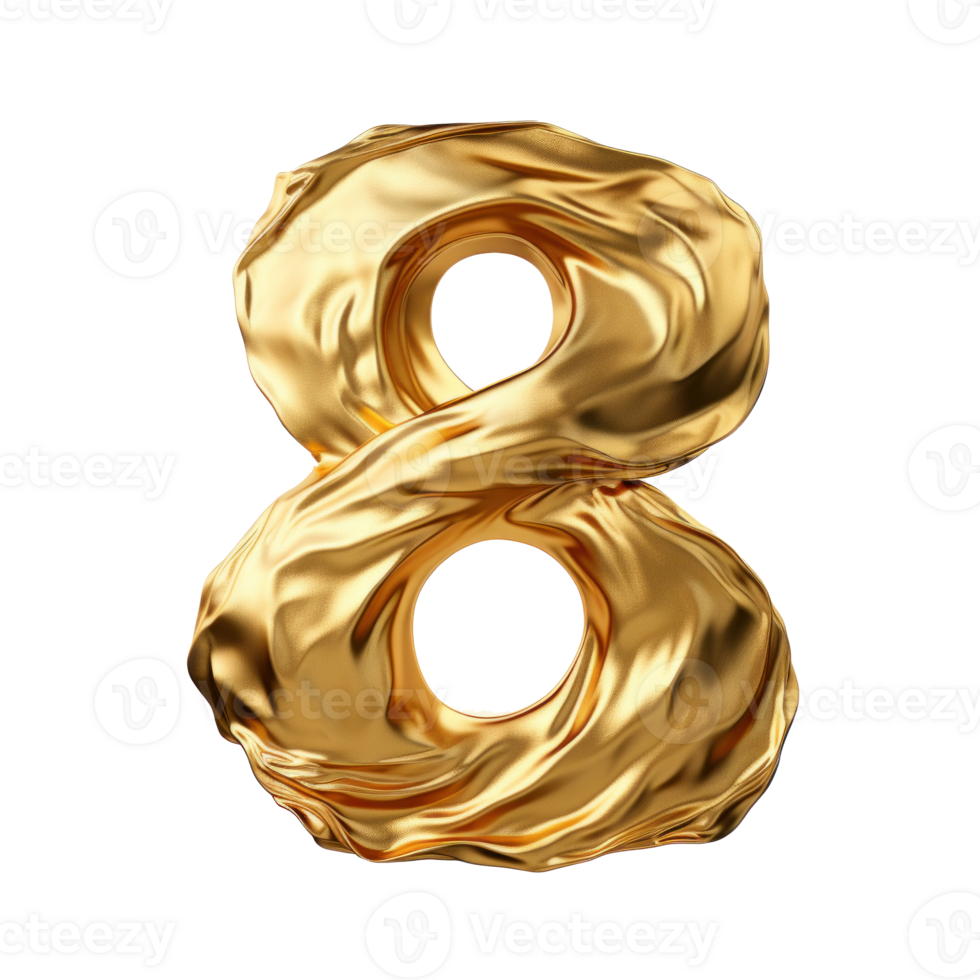 Crumpled gold foil number 8 isolated. Illustration AI Generative png