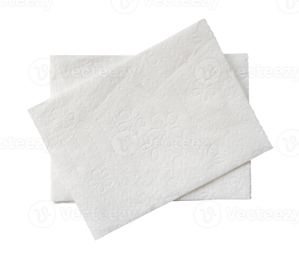 Top view of two folded pieces of white tissue paper or napkin in stack isolated with clipping path in png file format