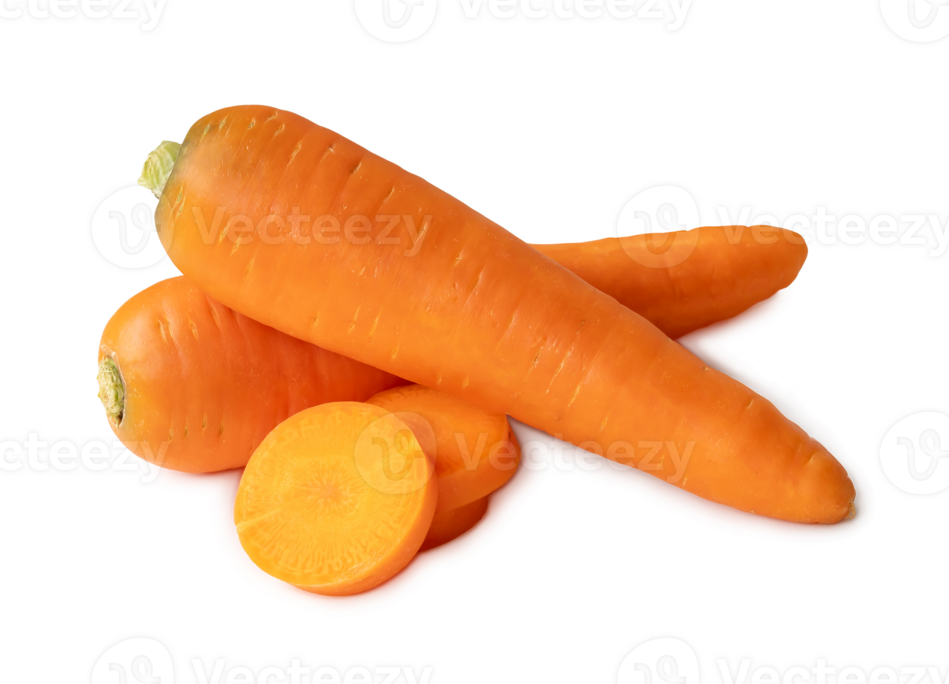 Two fresh orange carrots with slices in stack isolated with clipping path and shadow in png file format, Close up of healthy vegetable root