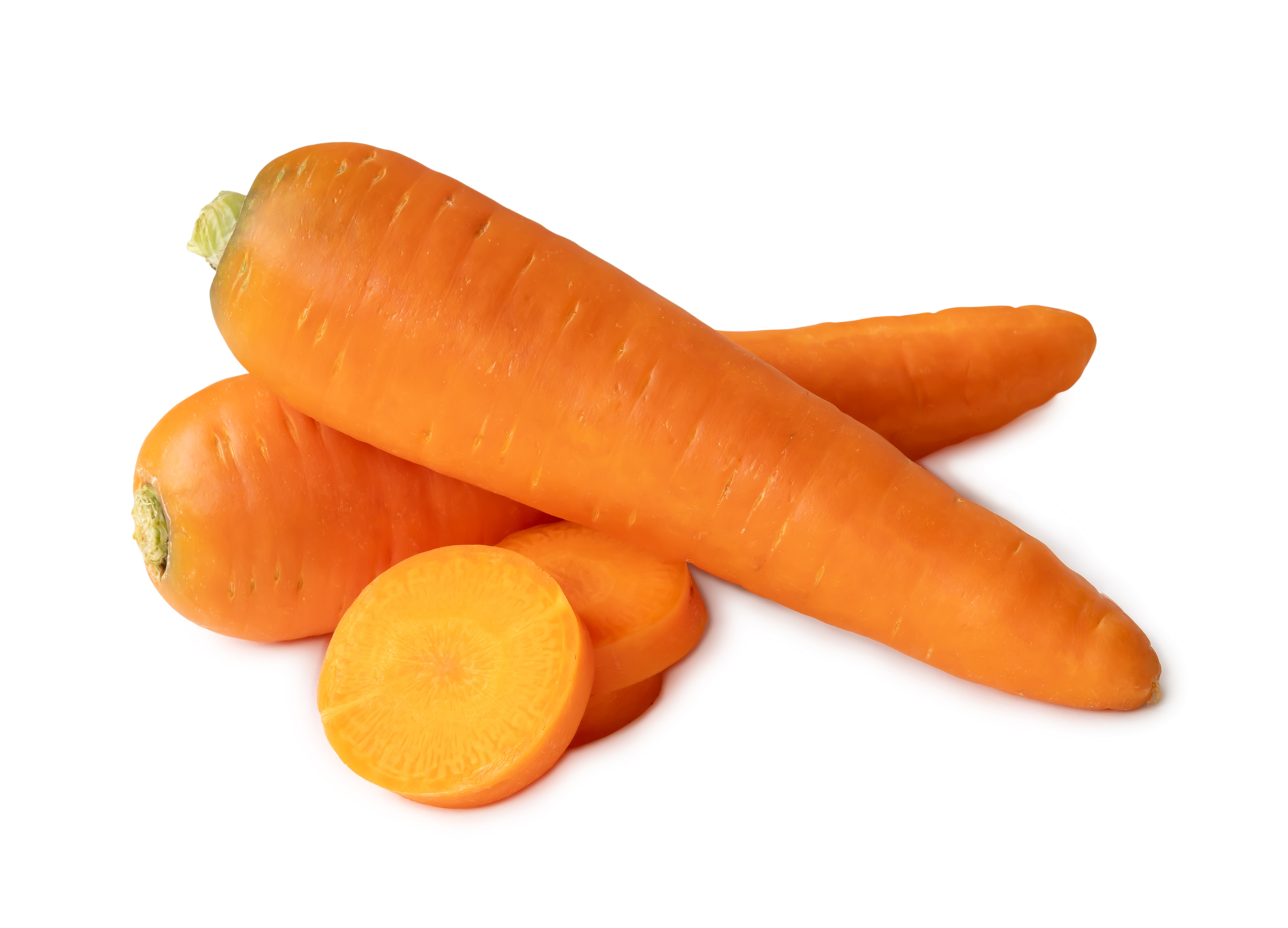 Two fresh orange carrots with slices in stack isolated with clipping path and shadow in png file