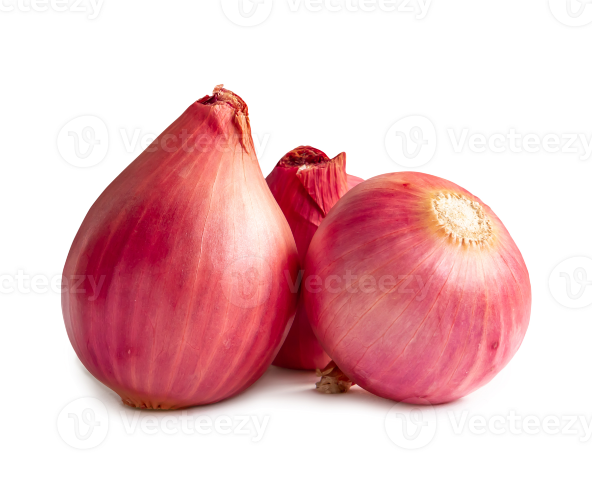 Three fresh red onion bulbs in stack isolated with clipping path. and shadow in png file format