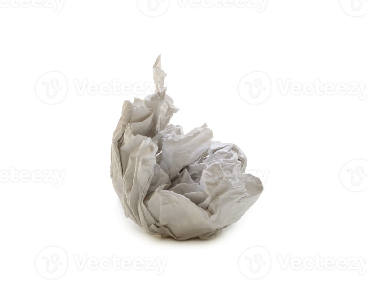 Single screwed or crumpled tissue paper or napkin in strange shape after use in toilet or restroom isolated with clipping path and shadow in png file format