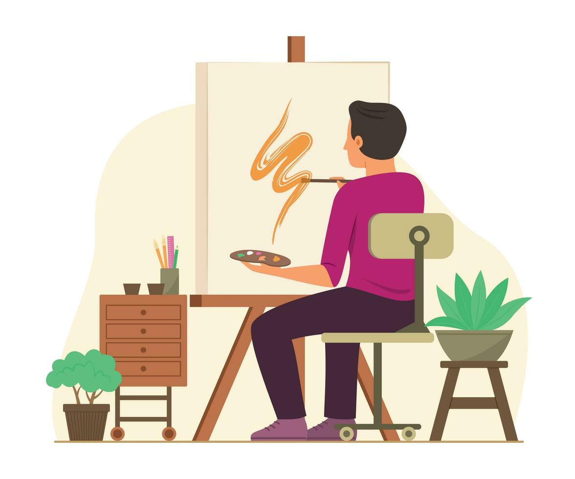 artista hombre pintura colores en grande lona en Arte estudio vector