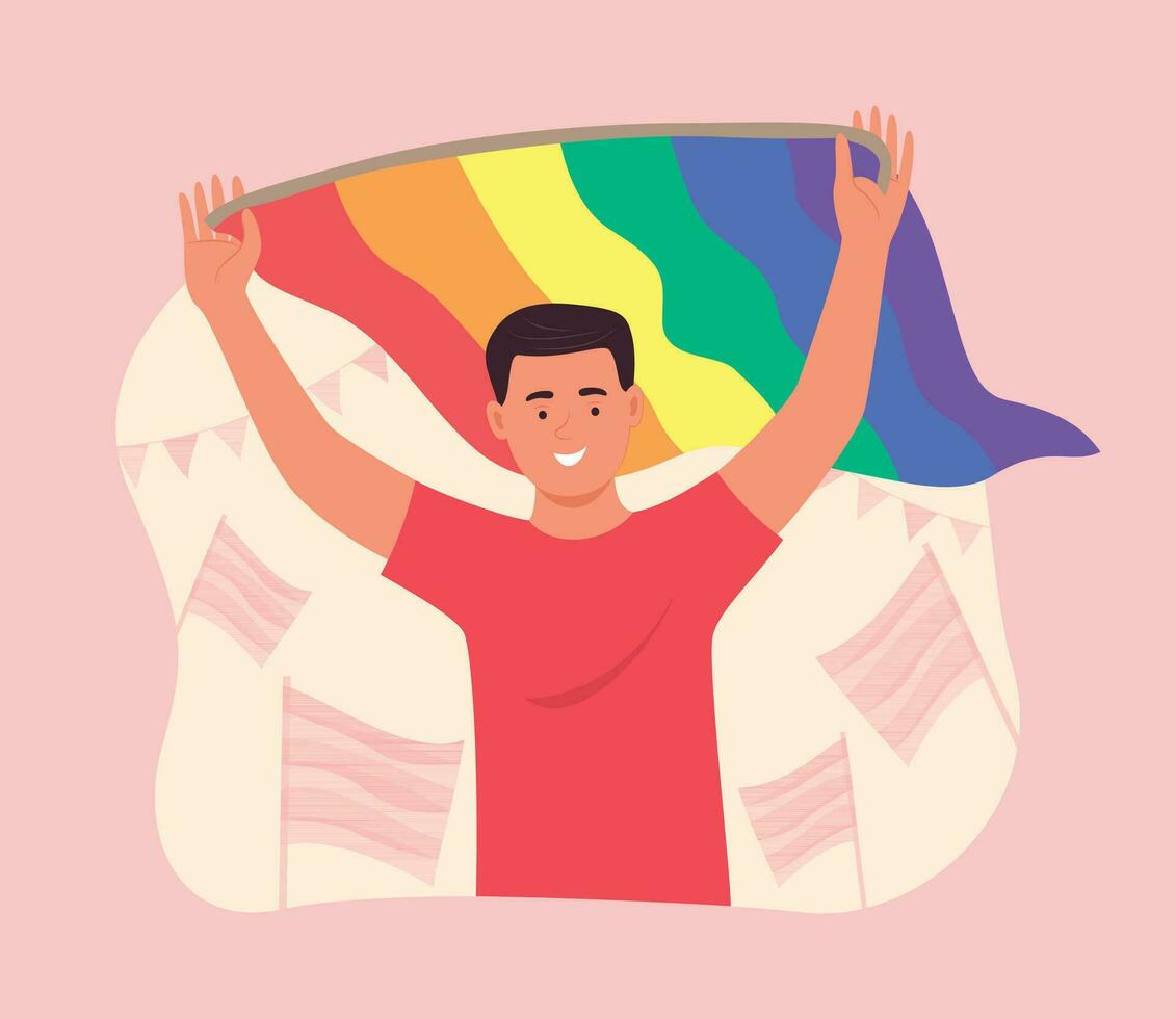 Happy Gay Man Holding LGBT Rainbow Flag for Gay Pride Celebration Concept Illustration vector