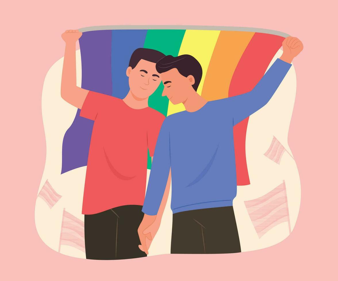 Gay Men Couple Holding the LGBT Rainbow Flag for Gay Pride Celebration Concept Illustration vector