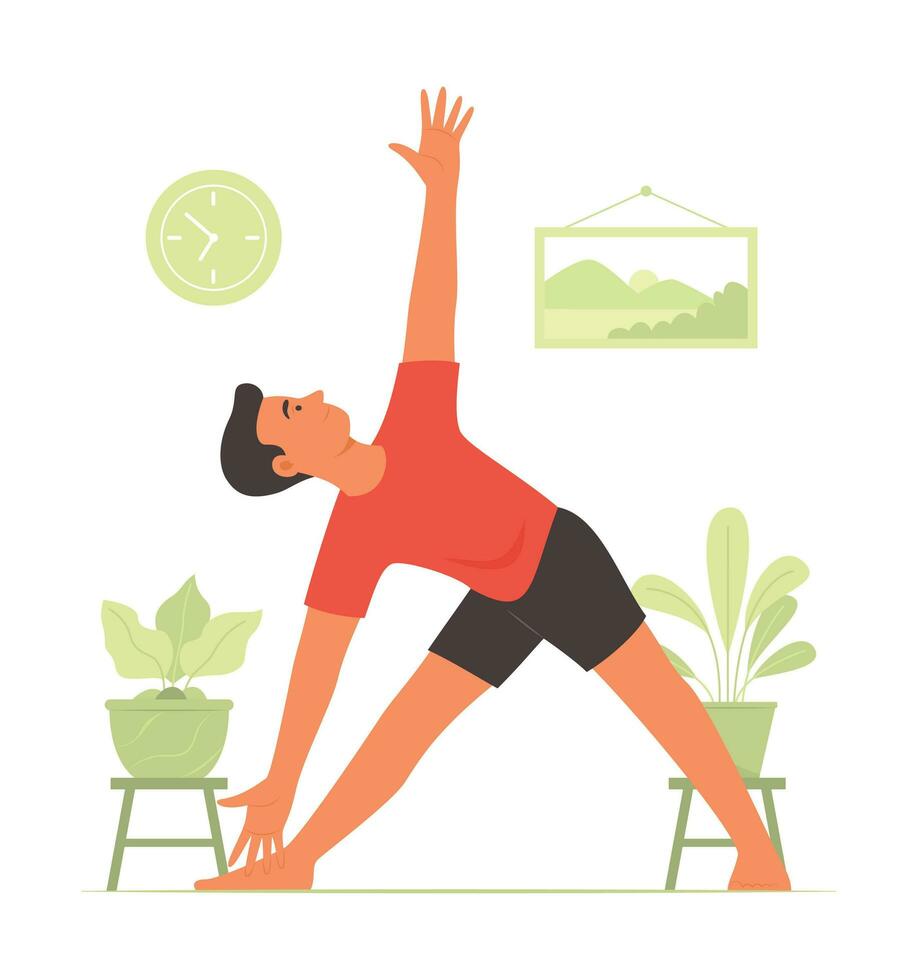 Young Man Practicing Yoga at Home vector