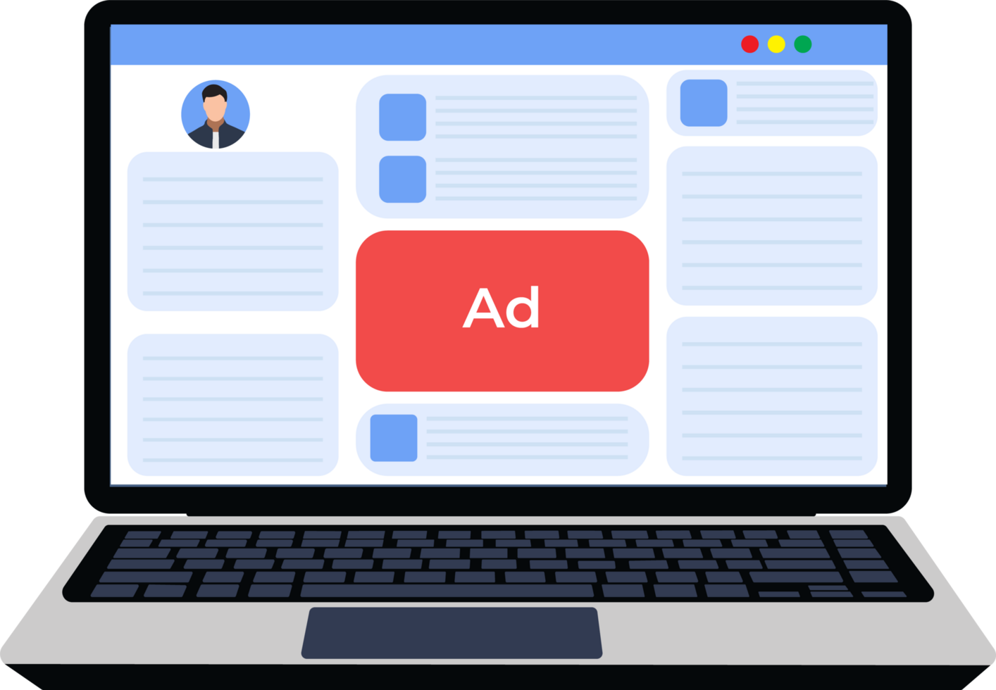 Online ads showing on websites concept. Ad pop-up design in websites or applications on a laptop. Online shop advertising. png