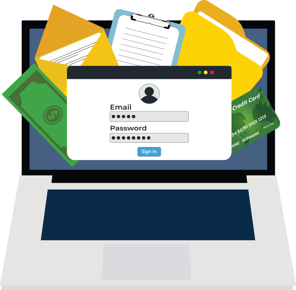 Online services on a computer. Document and information protection service on a laptop. Online money transfer and payment. png