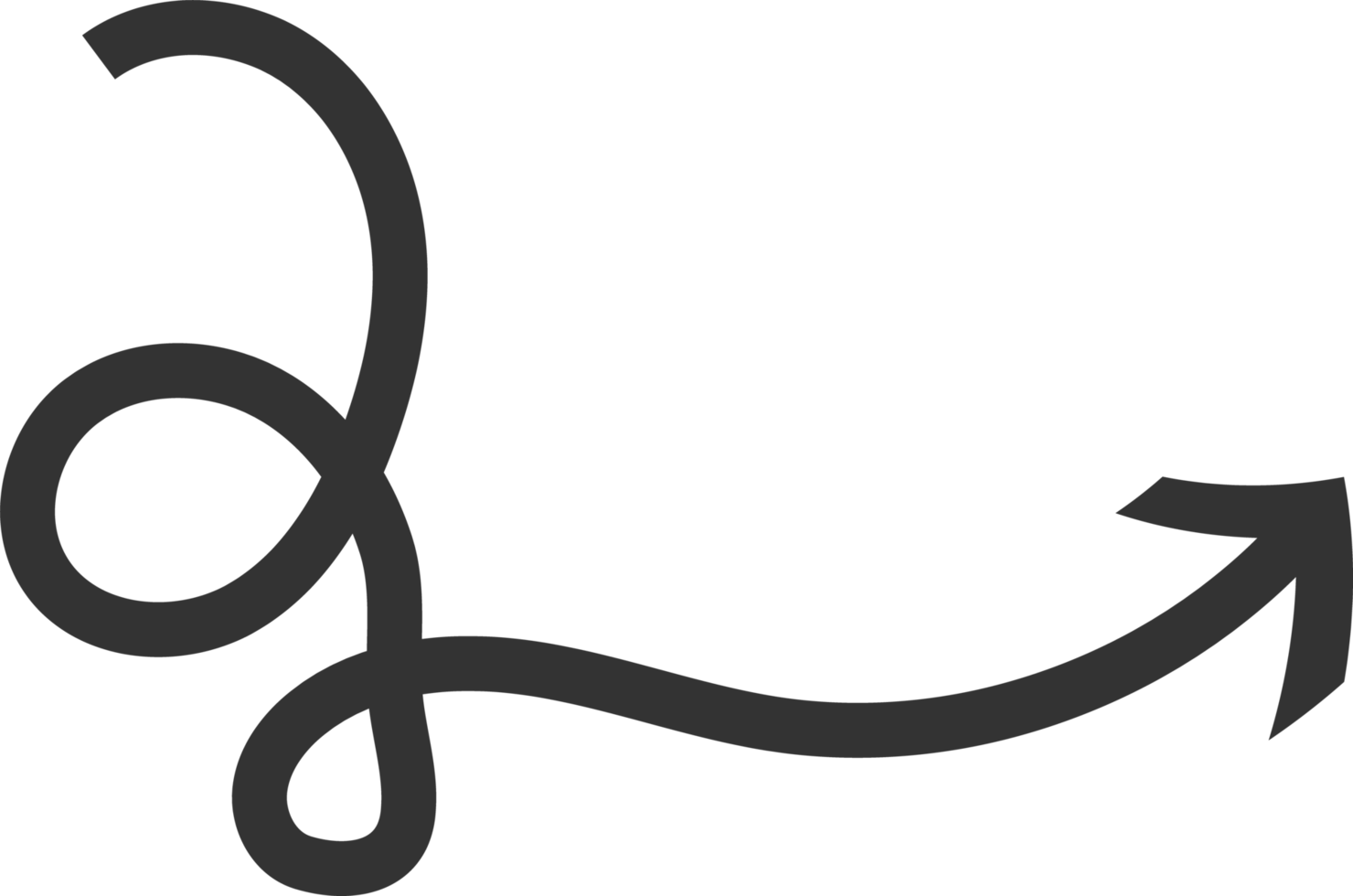 An abstract direction arrow. A curved and round arrow pointing left downward way. Dark pointing arrow illustration. png