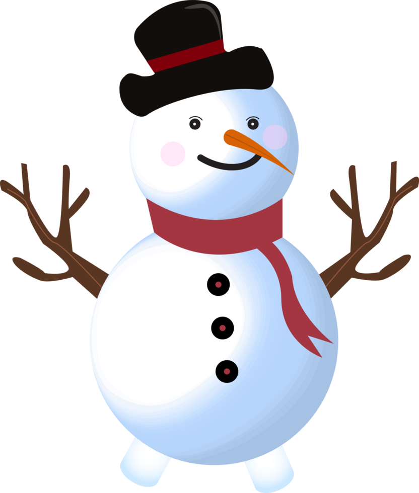 Cute snowman design. Christmas design with a happy snowman. A winter snowman with a muffler and tree branch. png