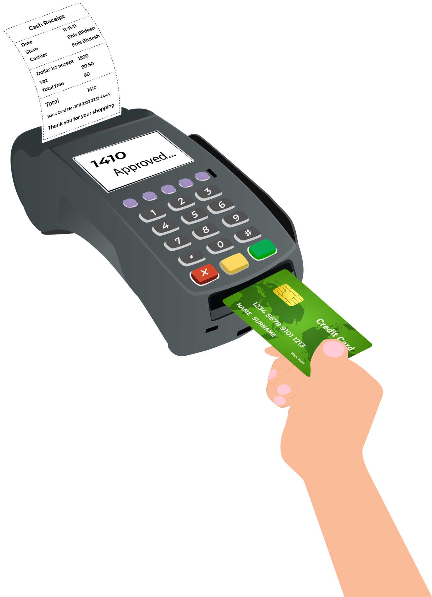 Credit card reader with a hand. Flat illustration of a hand holding
