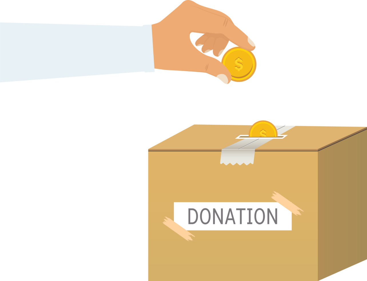 Donation box with gold coin. Man giving charity to a donation box. Raising funds for poor people. Charity funds rising. png