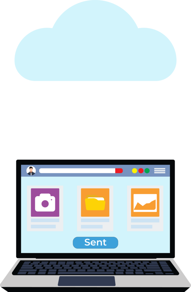 Files and information transferring to cloud storage. Cloud server and storage with a laptop sharing files. Image file and camera icon. png