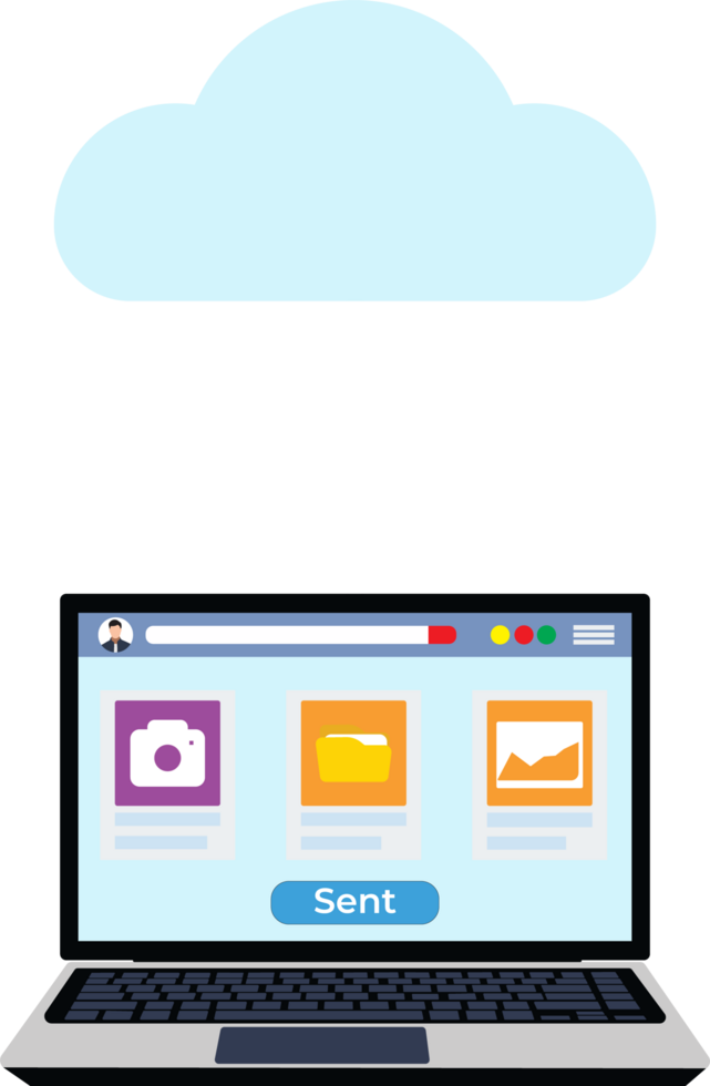 des dossiers et information transfert à nuage stockage. nuage serveur et espace de rangement avec une portable partage des dossiers. image fichier et caméra icône. png