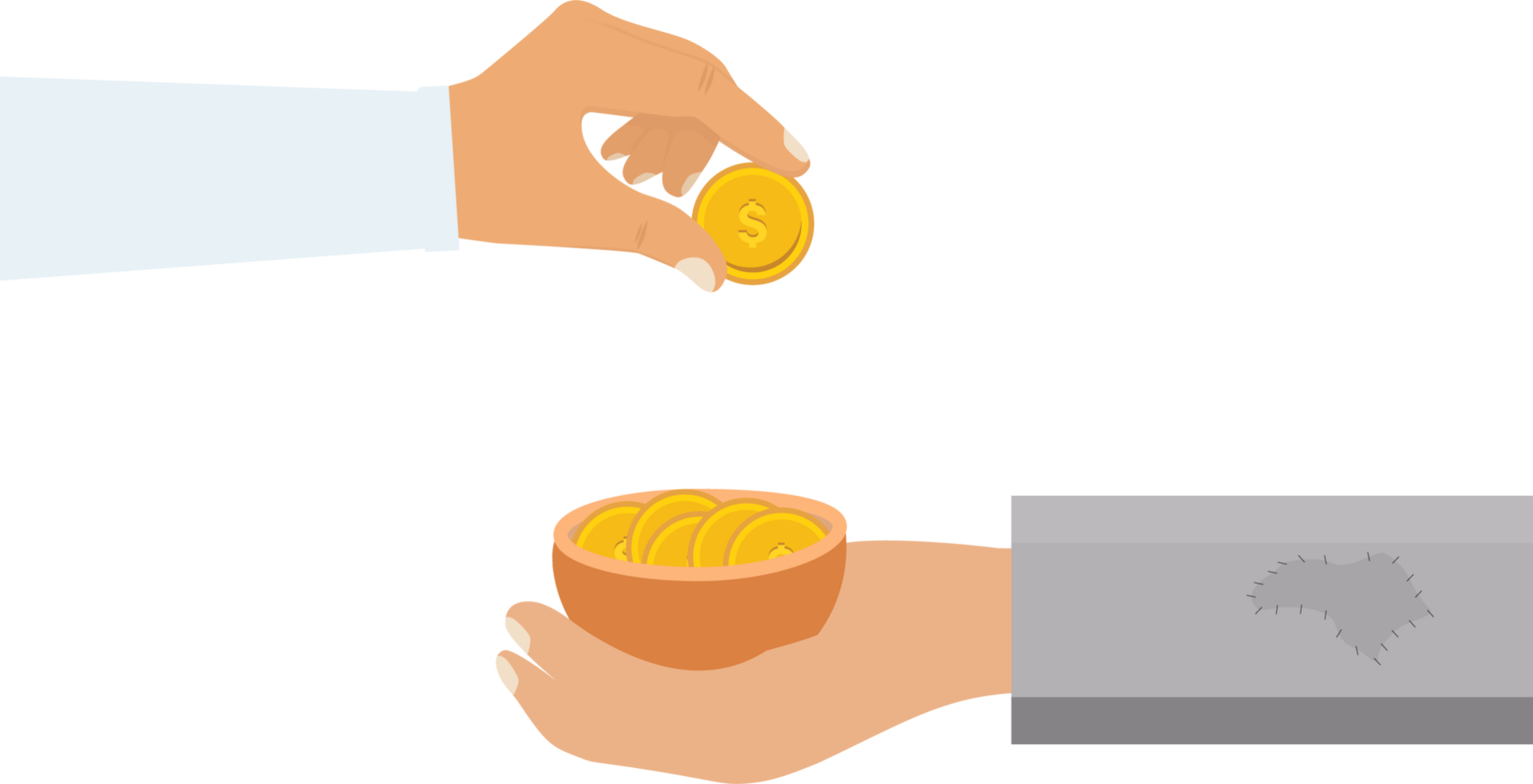 Man giving charity to a beggar. Man donating money concept. Beggar hand with a bowl of golden coins png