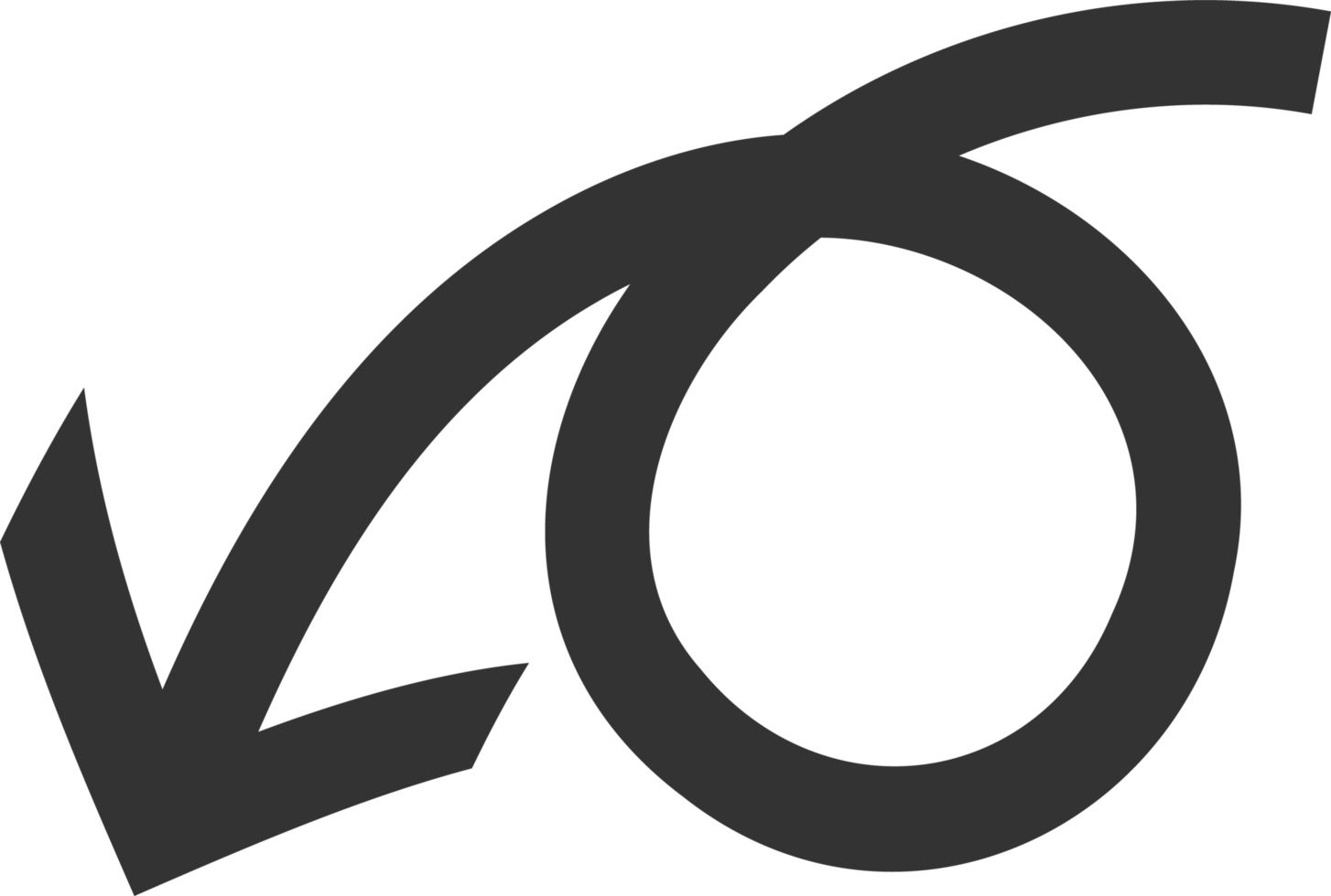 A curved and round arrow pointing left downward way. A direction arrow. Dark pointing arrow illustration. png