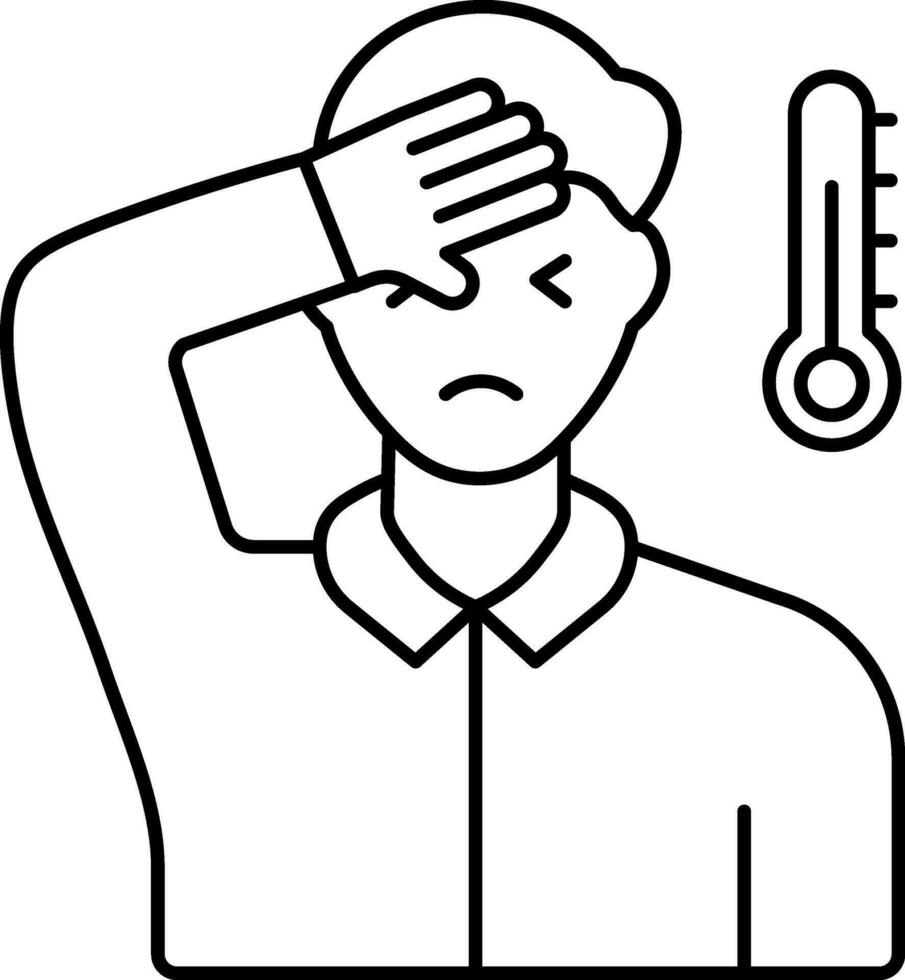 Black Line Art Of Man Touching Forehead from Check Temperature And Thermometer Icon. vector
