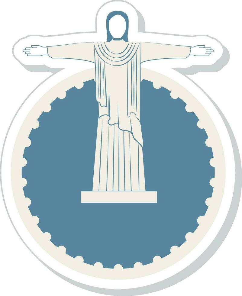 Sticker Style Christ The Redeemer Statue With Circle Frame In Blue And Beige Color. vector